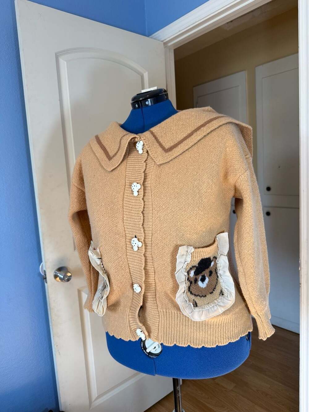 Duffy Brown Bear Pocket Collared Cardigan Sweater with Polka Dot Buttons XL